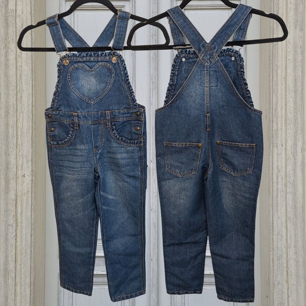 Girls Toughskins Denim Overalls Heart Pocket Ruffle Size 5/6